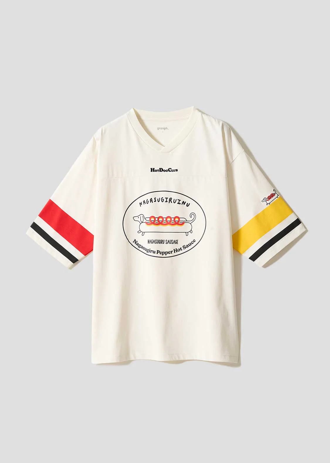 Nagasugiru Inu Meets Hot Dog | V-Neck Football T-Shirt
